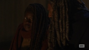 The Storm- Michonne and Ezekiel talk about crossing Alpha's border- AMC, The Walking Dead